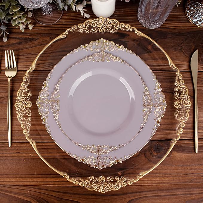 Efavormart 10 Pack | 8" Lavender and Gold Baroque Dessert Plates, Leaf Embossed Metallic Rim Heavy Duty Appetizer Plates for Spring Tea Parties