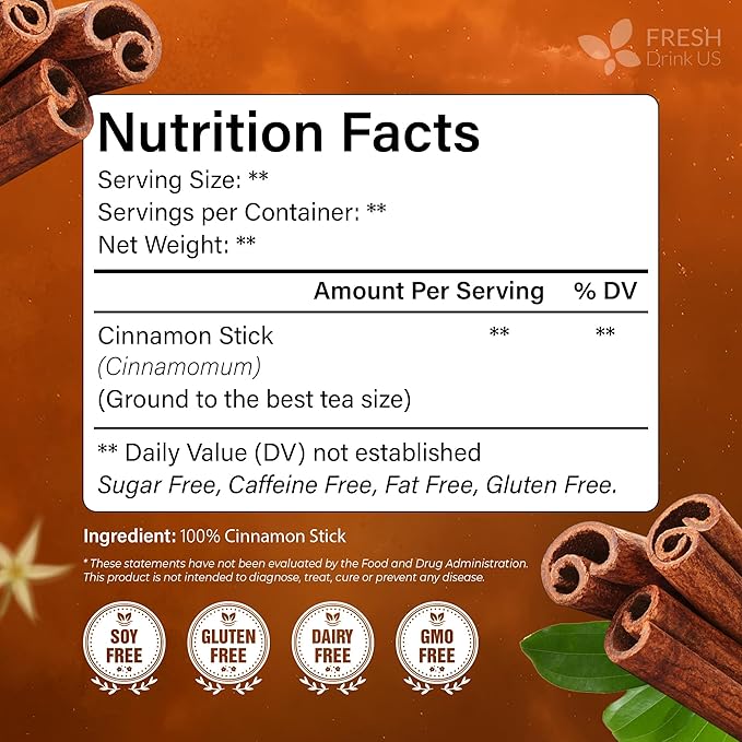FreshDrinkUS, Premium 135 Cinnamon Tea Bags, 100% Natural & Pure, Herbal Tea, Made with Natural Materials-Corn Fiber Tea Bags, Sugar/Caffeine/Gluten Free. Warmly Taste and Balance.