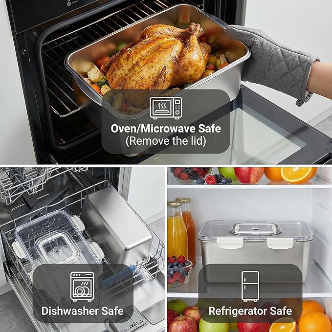 Extra Large 304 Stainless Steel Food Storage Containers with Airtight Lids – 7L/240oz Meal Prep Container for Roasting Turkey,Bread, Fruits – Oven Safe, BPA‑Free, Dishwasher Safe
