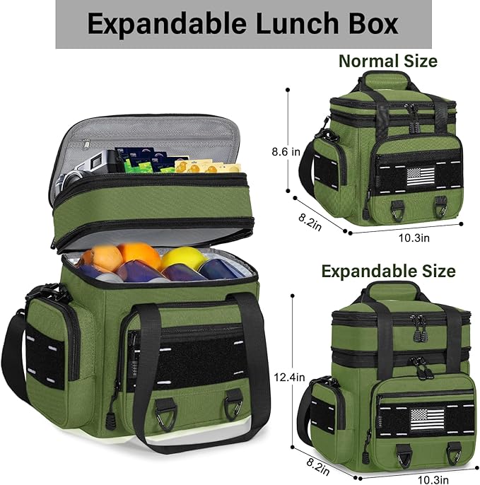 TENKIST Expandable Tactical Lunch Box, Large Insulated Lunch Cooler Bag Heavy Duty Leakproof Lunch Pail for Men Adults Work Office Outdoor Picnic Trips,16L,Army Green