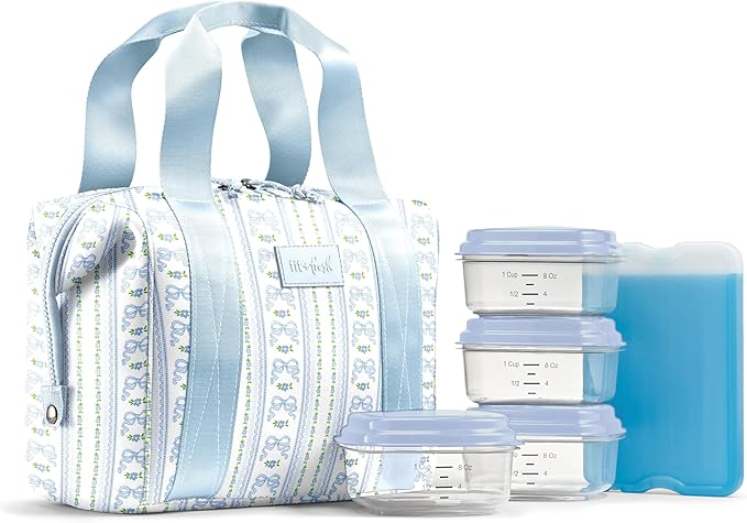 Fit & Fresh Remi Lunch Bag for Women Work – Neoprene Lunch Tote with Containers & Ice Pack, Reusable Meal Prep Lunch Box, Large Capacity, Machine Washable, Blue Wallpaper Bows
