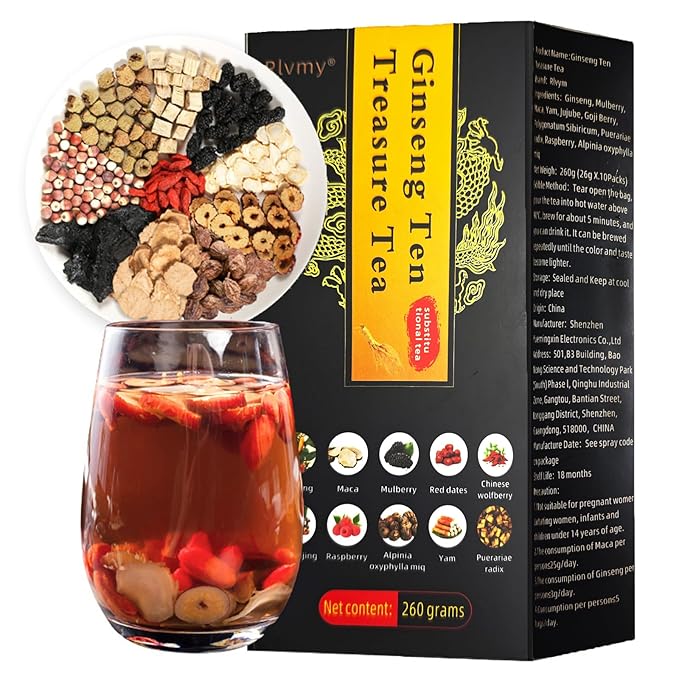 10 Pack Ginseng Ten Treasures Tea, Chinese Herbal Kidney Detox Tea for Men & Women, 10 Precious Ingredients Formula (260g,10 bags/Box)