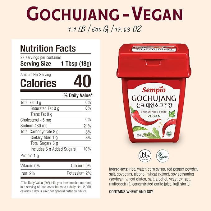 Sempio Gochujang Vegan Korean Red Chili Pepper Paste - Mild Heat: Sweet Spicy Savory Paste, Traditional Fermented Condiment for Cooking, Marinades, Dips, Halal Certified (1.1lbs/500g)