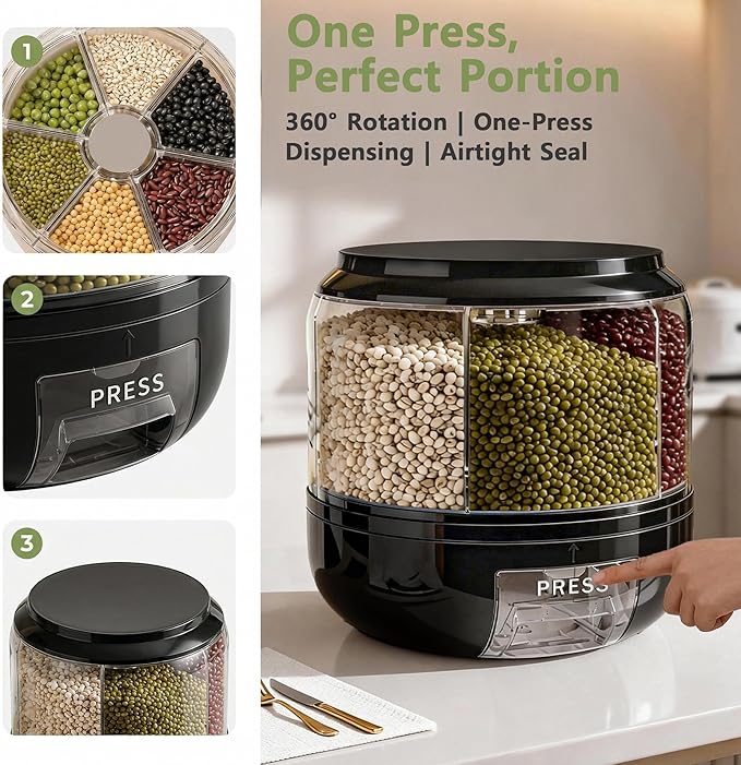 360° Rotating Grain Dispenser | 6-Grid Rice Dispenser with One-Click Dispensing | Airtight Cereal Container for Rice, Beans, Grains Storage (Black, Small)
