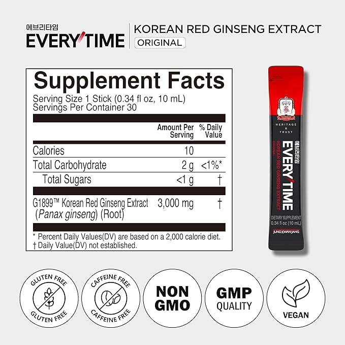 JUNG KWAN JANG Everytime Korean Red Ginseng Extract Stick 3,000mg Original - Adaptogen Energy Drink Liquid Stick Supplements - Energy Boost & Immune Support, Caffeine Free (30 Sticks)