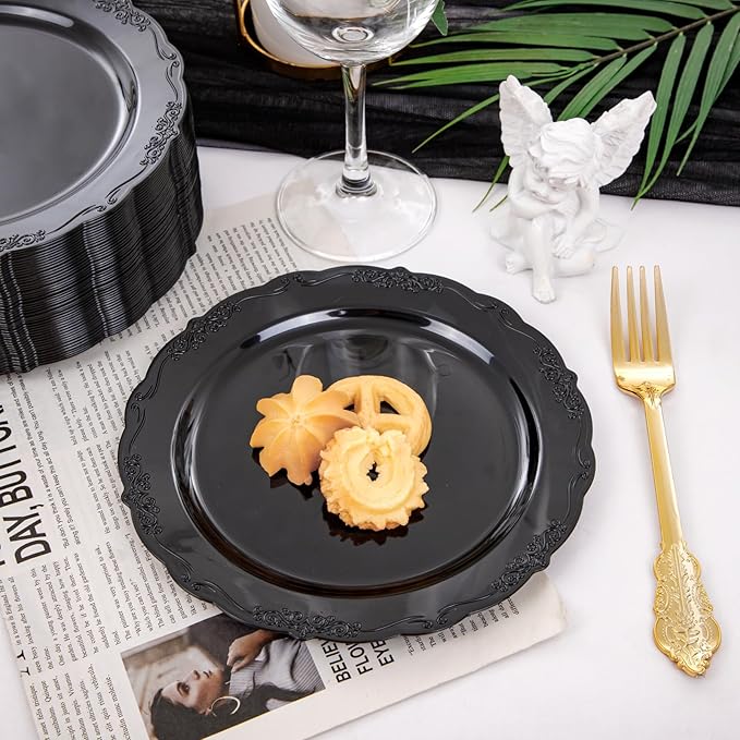 U-QE 100PCS Black Plastic Plates, Heavy Duty Black Plates Including 50PCS 10'' Dinner Plates & 50PCS 7.5'' Dessert Plate - Hard Plastic Plate for Party Wedding Bridal Shower