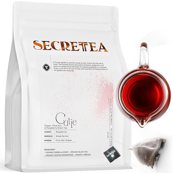 Organic Hibiscus Pinot Noir & Raspberry Black Tea| Hot and Cold Tea | 40 Count Unwrapped Sachets, Biodegradable Tea Bag I 100% Real ingredients | T SECRETEA, Cutie