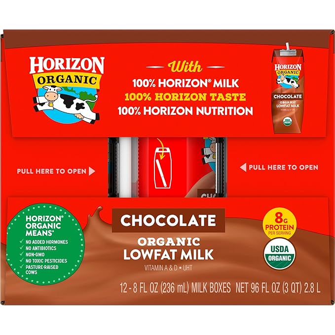 Horizon Organic Shelf Stable 1% Lowfat Chocolate Milk Boxes, Pack of 12 - 8g Protein per Serving