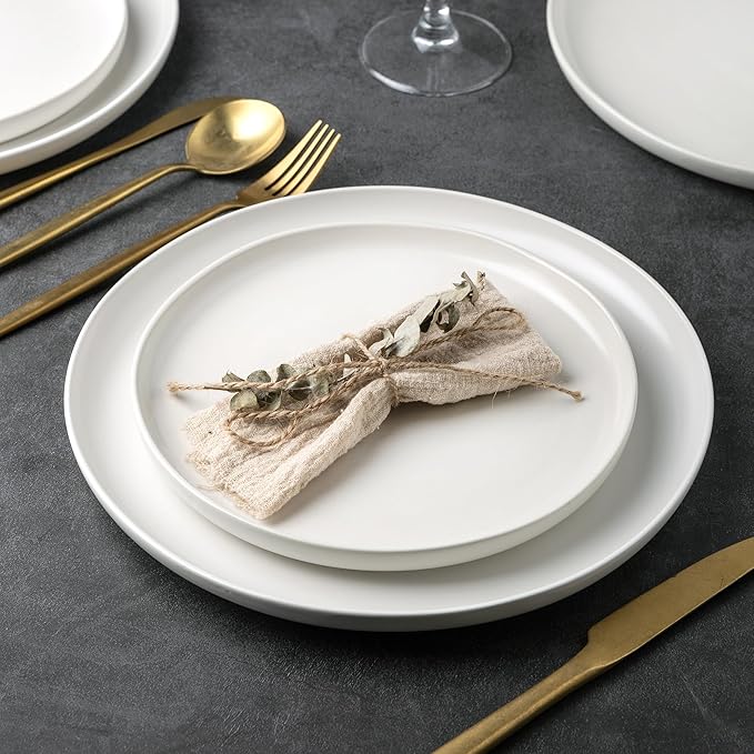 AmorArc Ceramic Dinner Plates Set of 6, Wavy Rim 10.25 Inch Stoneware Dish Set, Dinnerware Plates for Kitchen-Microwave&Dishwasher Safe, Scratch Resistant-Reactive Glaze Matte White