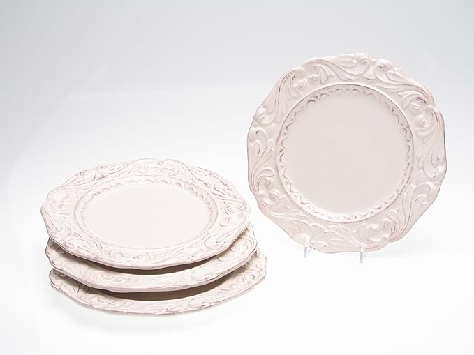 Firenze Ivory Set of 4 Ceramic Dessert Plates – 9.5" Elegant White Plates with Embossed Scroll Detail – Vintage-Inspired Tableware for Pastries, Appetizers, and Entertaining