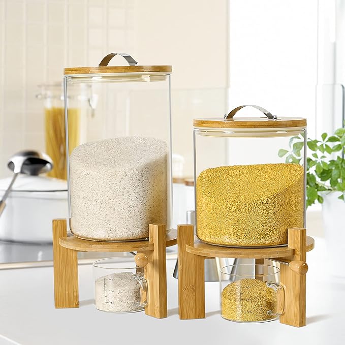 Rice Dispenser, Rice Storage Container：Flour and Cereal Container with Airtight Lid and Wooden Stand, Glass Food Storge Container for Kitchen Organization and Pantry Store (8L)