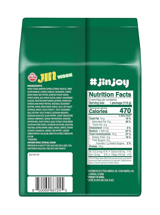 OTOKI Jin Ramen Veggie Korean Vegan Instant Ramen, Plant-Based Vegetable Broth, Savory & Umami Flavor, Ready in 4 Minutes, 4.23 oz (Pack of 4)