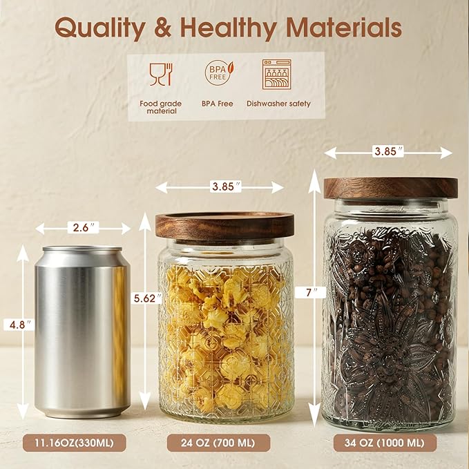 34 OZ Airtight Glass Storage Jar with Bamboo Lid - Vintage Glass Jar Vintage Food Containers Canisters Set for Kitchen Counter & Pantry - Ideal for Sugar, Flour, Coffee, Tea, Candy, Oats -2 Pack