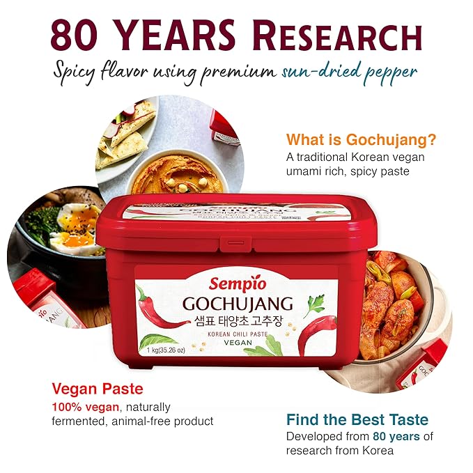 Sempio Gochujang Vegan Korean Red Chili Pepper Paste - Mild Heat: Sweet Spicy Savory Paste, Traditional Fermented Condiment for Cooking, Marinades, Dips, Halal Certified (2.2lbs/1kg)
