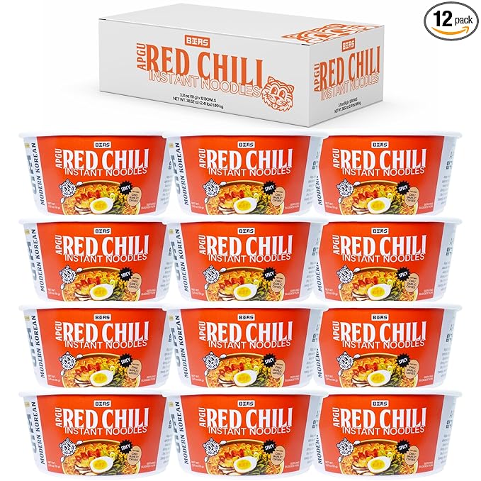 BIAS Apgu Red Chili Instant Noodles - Spicy Korean Ramen with Premium Toppings, Vegan, Air-Dried, Low Calorie (320 Cal) - 12 Pack