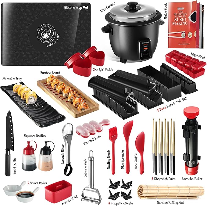 CraftZee All-Inclusive 𝗣𝗥𝗘𝗠𝗜𝗨𝗠 Sushi Making Kit for Beginners & Professionals - Sushi Maker with Rice Cooker, Reusable Chopsticks, Bazooka, Sushi Roller, Book - Sushi Kit for Family BPA-Free