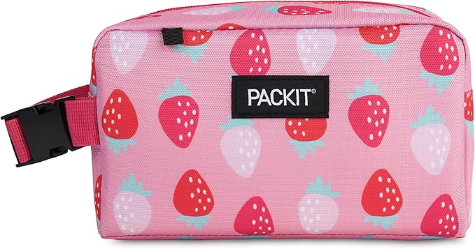 PackIt Freezable Small Insulated Snack Box, Sweet Strawberry, with EcoFreeze Technology (Built-in Ice Pack), Mini Cooler or Small Lunch Bag, For Fresh Snacks On the Go, for Work, Gym, or Travel