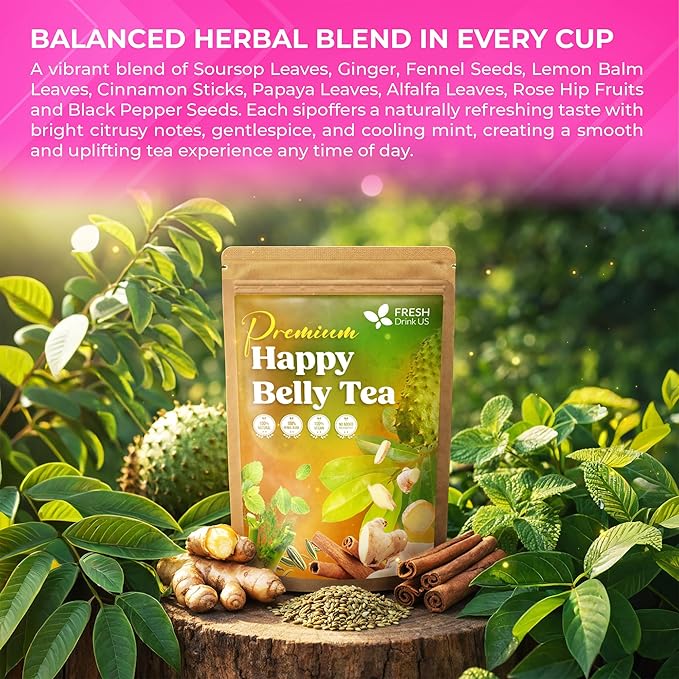 FreshDrinkUS, Premium Happy Belly Tea | 135 Tea Bags | Herbal Tea Blend with Soursop Leaves, Ginger, Fennel Seed, Lemon Balm, Cinnamon, Papaya Leaves & Rose Hip – Naturally Caffeine Free. Sugar Free