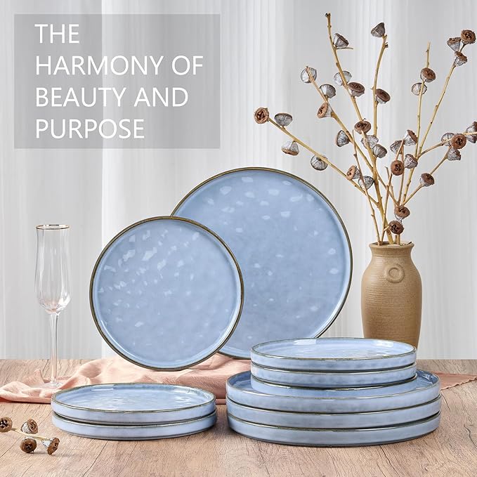 LIANYU Ceramic Dinner Plates Set for 4, 10.2In Porcelain Kitchen Salad Dessert Serving Dishes Set, Modern Round Stoneware Dinnerware Appetizer Plates, Scratch Resistant & Microwavable, Serenity Blue