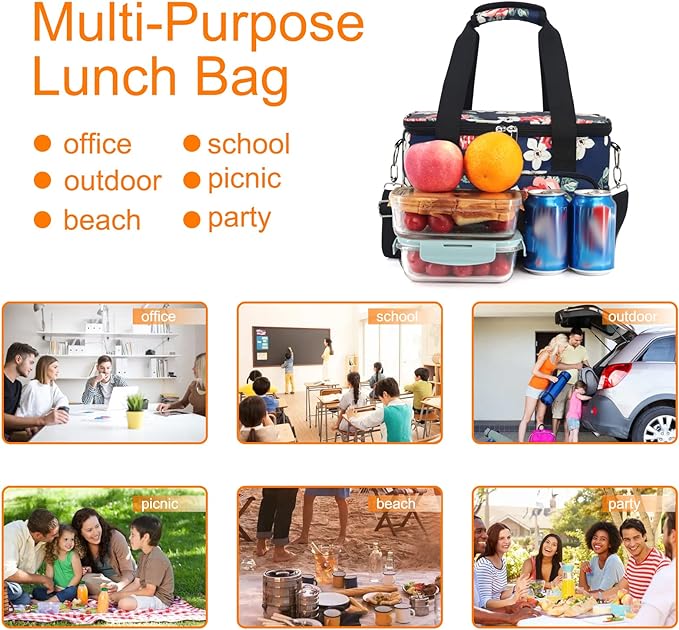 Femuar Lunch Bags for Women/Men, Insulated Lunch Bag for Work Office Picnic - Large Lunch Cooler Bag Leakproof Lunch Box with Adjustable Shoulder Strap for Adults - Floral(15L)
