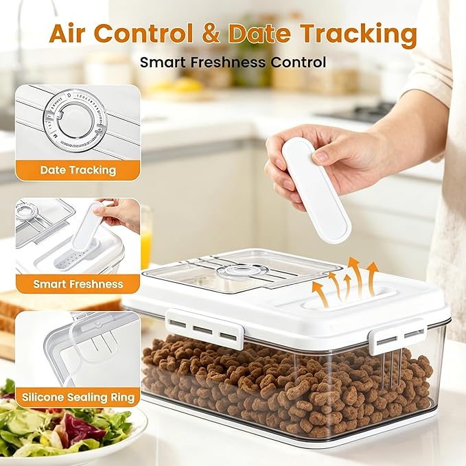 Dynta Dog Food Storage Container, 2 Pack, Airtight Seal for Freshness, Time Recording Bread Containers with Lidfor Freshness for Dog Cat, Rice, Flour