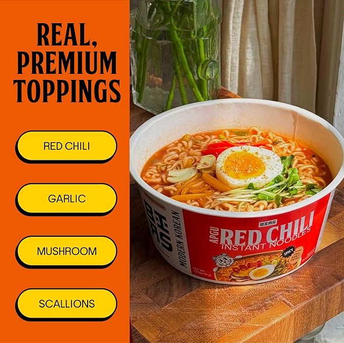 BIAS Apgu Red Chili Instant Noodles - Spicy Korean Ramen with Premium Toppings, Vegan, Air-Dried, Low Calorie (320 Cal) - 12 Pack