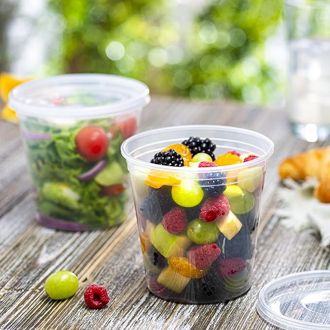 ELEGANT DISPOSABLES 24 OZ - 24 Sets Plastic Deli Food Storage Containers with Airtight Flexible Lids Microwavable, Leak Free, Washable, Freezer Safe.