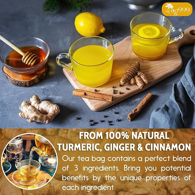 TOG999, 60 Bags Premium Turmeric Ginger Cinnamon Tea, Improve Digestion, Support Brain, Weight, Skin and Sleep, Eco-Conscious Tea Bags and Premium Natural Ingredients. Turmeric Ginger Herbal Tea. No Sugar, No Caffeine, No Gluten, Vegan.
