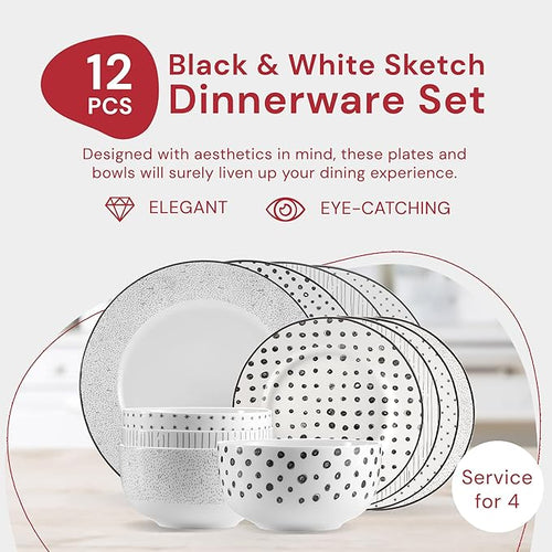 Safdie & Co. 12-Piece Black & White Sketch Dinnerware Set, Porcelain, Includes Plates, Bowls, and Serving Dishes, Dishwasher Safe
