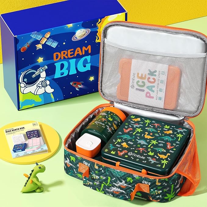 Fimibuke Kids Bento Snack Lunch Box with 4 Compartment, Insulated Lunch Bag, Stainless Steel Vacuum Thermo Food Jar, Ice Pack, Utensils Set, Birthday Gifts for Age 3-12 Back to School Toddler Girl Boy