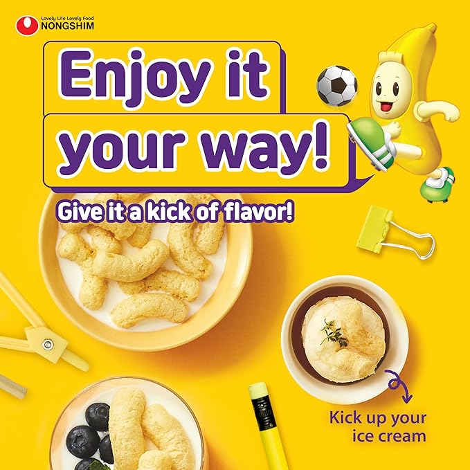 Nongshim Banana Kick Puff Snack - Crispy Corn Puff with Banana Flavor, Soft and Sweet Fruit Snack for All Ages, K-Pop Favorite Korean Treat, 1.58 oz (Pack of 20)