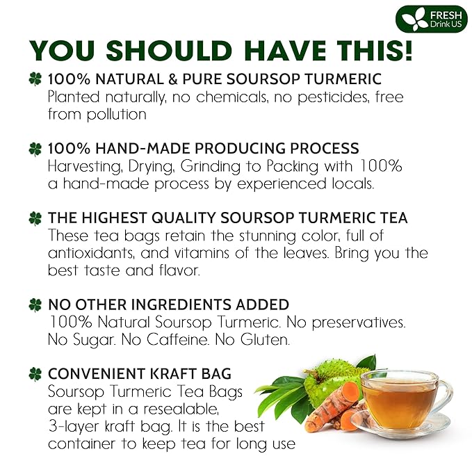 FreshDrinkUS, Premium 25 Soursop Turmeric Tea Bags, 100% Natural, Blend of Soursop Leaves, and Turmeric Root. Made with Natural Material Tea Bags. No Sugar, Vegan.