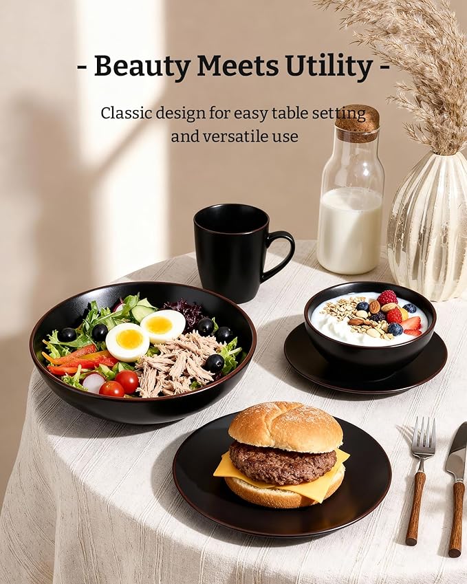 Famiware Venus 24-Piece Stoneware Dinnerware Sets with Mugs, Plates, Bowls, Service for 6, Matte Black - Modern Ceramic Chip‑Resistant Dishes for Everyday & Formal Use, Microwave & Dishwasher Safe
