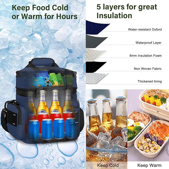 TENKIST Expandable Tactical Lunch Box, Large Insulated Lunch Cooler Bag Heavy Duty Leakproof Lunch Pail for Men Adults Work Office Outdoor Picnic Trips,16L,Blue