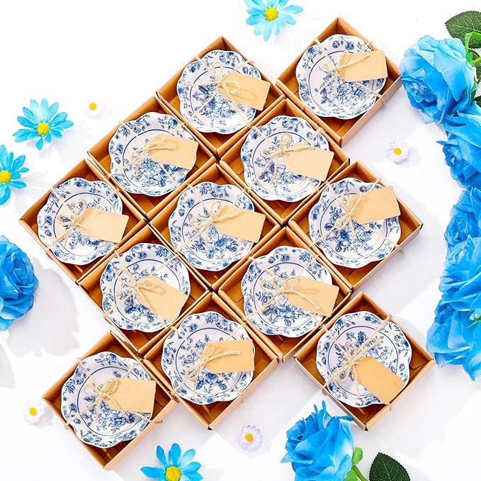 SiliFine 12 Pcs Wedding Favors for Guests Small Ceramic Bowl Bulk Gifts Set 3.3 Inch Floral Design Mini Dipping Sauce Dish with Card Box for Bridal Pooja Baby Shower Birthday (Flower,Blue)