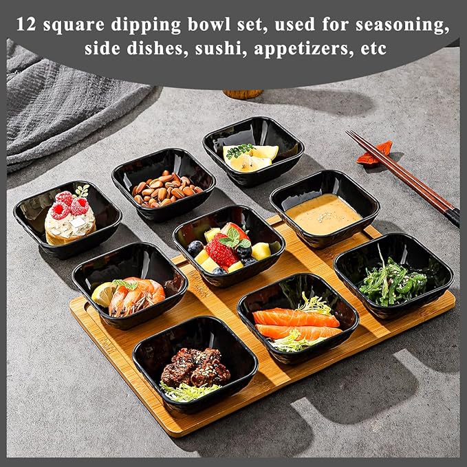 Berglander Dip Bowls Set 12pcs, 6 oz Black Plastic Dipping Bowls, Matte Stone Texture Soy Sauce Plates, Mini Appetizer Bowls for Side Dishes, Condiment Server for Tomato Sauce, Ketchup, BBQ, Party