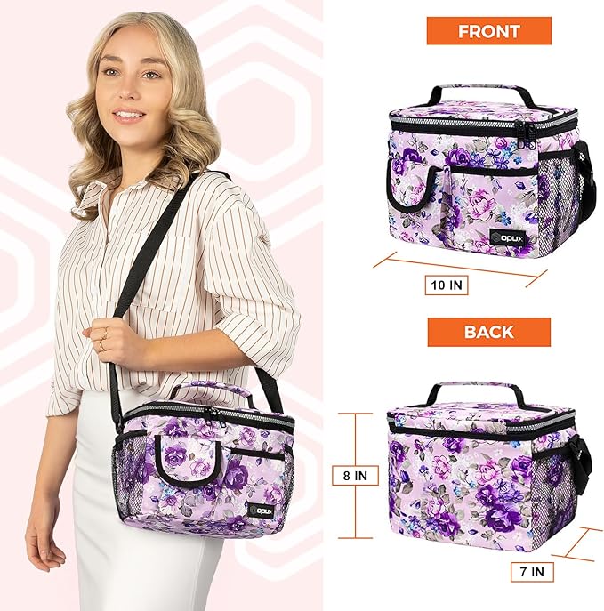 opux Insulated Lunch Box for Men Women Kids, Leakproof Reusable Lunch Bag Cooler for Work School Office, Soft Thermal Lunchbox Tote Shoulder Strap for Boys Girls Adults, Floral Purple, 14 Can/8L