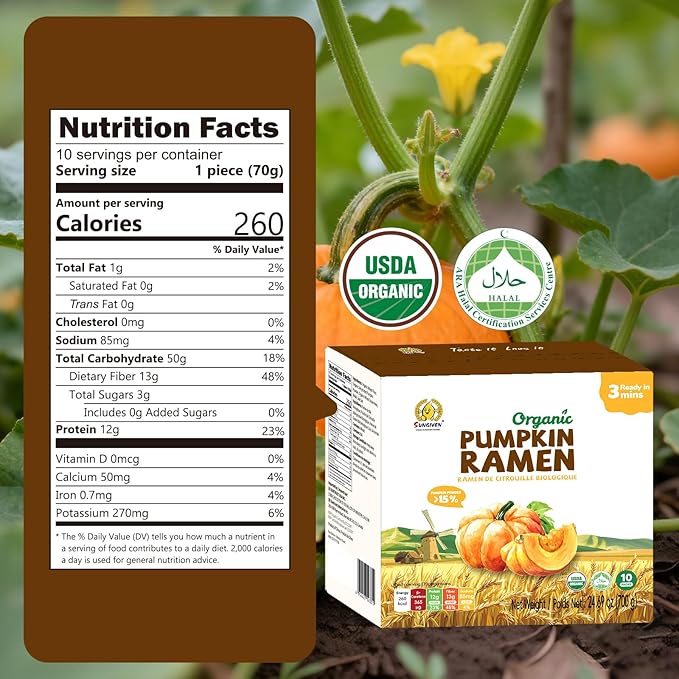 SUNGIVEN Organic Ramen Noodles Pumpkin Healthy Low Sodium Ready in 3 Minutes Non-Fried Instant No Additives or Preservatives 2.47 OZ (Pack of 10)