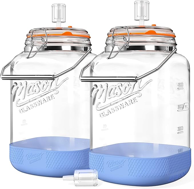 2 Pack 1.5 Gallon Large Fermentation Jar with 3 Airlock, Stainless Steel Handle, Non-Slip Silicone Base, Wide Mouth Glass Jars with Scale Mark - Pickle Jars for Sauerkraut, Sourdough Starter