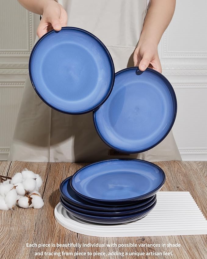 Pokini Ceramic Plates Set of 6, 8.0 Inch Reactive Glaze Dessert Plates, Modern Dinnerware Dishes Set for Kitchen, Microwave & Dishwasher Safe, Scratch Resistant-Light Blue