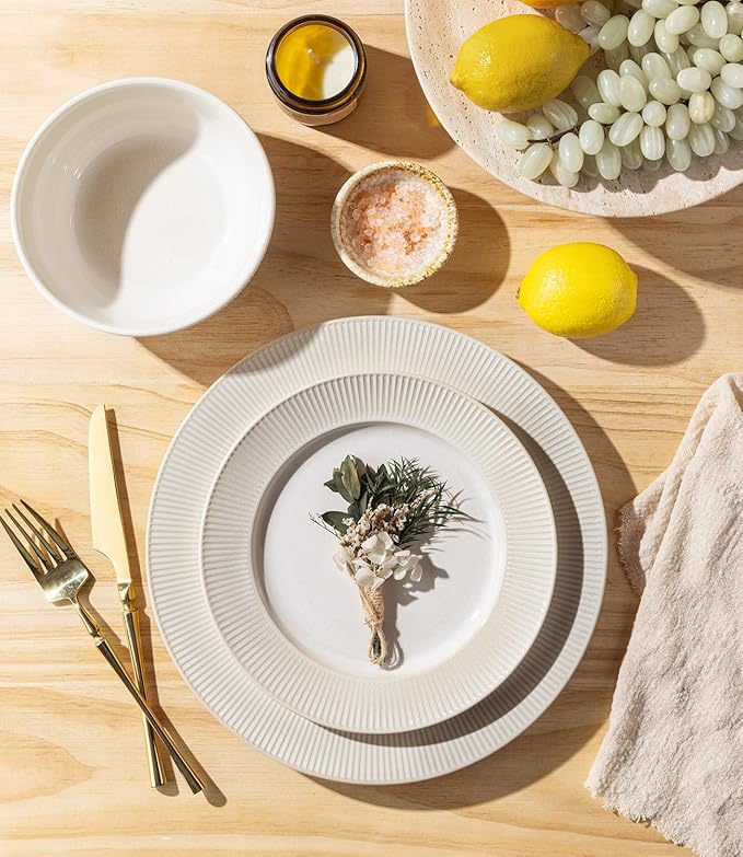 TheTerra Stoneware Dinnerware Sets for 6, 18 Pieces Ceramic Plates and Bowls Sets, Scratch Resistant Embossed Dish Set, Oven, Microwave & Dishwasher Safe, Cream White