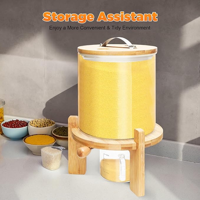 5L Glass Rice Dispenser with Wooden Stand, 1.32 Gal Flour Storage Container, Grain Storage-Bucket Tabletop Cereal Containers w/Manual Venting Valve,Thermometer, Lid, Measuring Cup ﻿ (5L, 1.32Gal)
