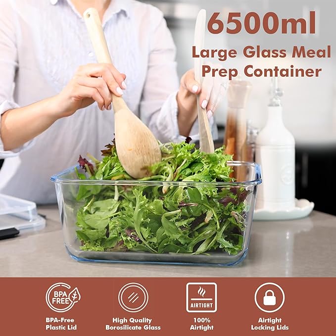 Razab 6500ml / 220 Oz / 28 Cups Extra Large Glass Food Storage Containers with Lids - Leakproof Glass Meal Prep Containers with Locking Lids for Roasting & Storing Leftover - Microwave & Oven Safe