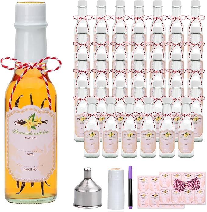 Hot Sauce Bottles 5 oz,Clear Woozy Bottles with Shrink Capsules,Small Wine Making Bottles With Lids for Bottling,Empty 5oz Glass Vanilla Extract Bottles With White Caps Set of 35