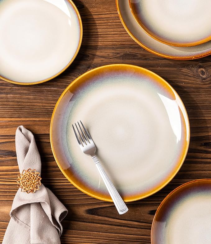 LERATIO Ceramic Dinner Plates Set of 6, 8.0 Inch Handmade Reactive Glaze Porcelain Plates, Coupe Shape Dinnerware Dishes Set for Kitchen,Oven& Microwave & Dishwasher Safe, Scratch Resistant-Kahki