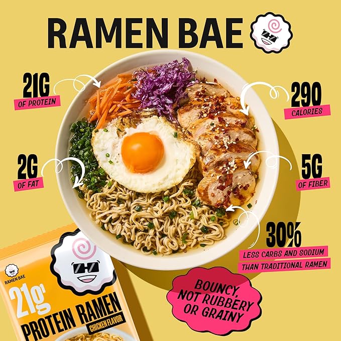 Ramen Bae High Protein Ramen Noodles - Chicken Flavor 21g Protein Soup - Air Dried Not Fried, Plant Based, Vegan Ramen Protein Noodles - Lower Carb, Sodium & Fat - Clean & Simple Broth (Pack of 6)