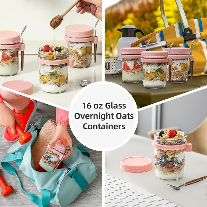 6 Pack Overnight Oats Containers with Lids and Spoons, 16 oz Glass Mason Overnight Oats Jars, Large Capacity Airtight Jars for Milk, Cereal, Fruit(Pink)