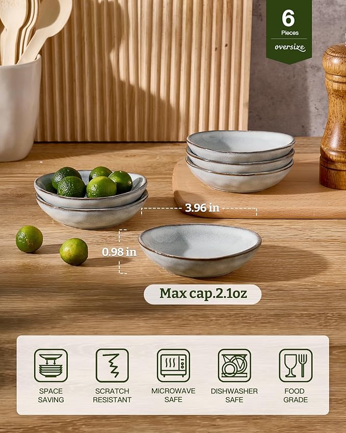 famiware Ocean Soy Sauce Dishes of 6, Oval Dipping Sauce Cups/Bowls/Dishes for Kitchen, 2.1oz Ceramic Small Bowls for Side Dish, Appetizers, Snacks, and Sushi, Reactive Glaze, Dishwasher Safe, Grey