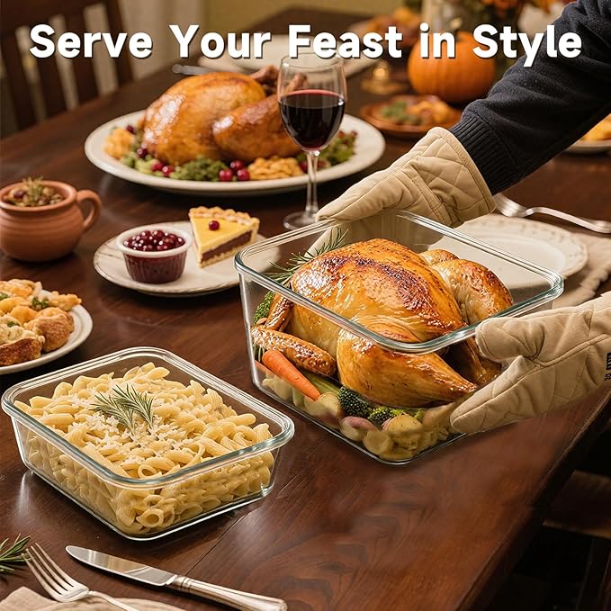 KOMUEE 2 Pack 220oz+76.4oz Extra Large Glass Food Storage Containers Set with Airtight Lids, Big Glass Meal Prep Containers, Ideal for Storing Rotisserie Chicken, Lasagna,Salads, Leak-proof & BPA-Free