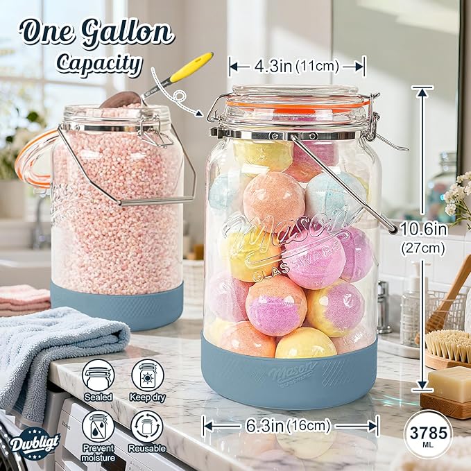 2 Packs 1 Gallon Glass Jars with Airtight Lids, Wide Mouth Mason Jars with Clip Top & Stainless Steel Handle & Silicone Base, Glass Storage Containers for Kitchen Storage, Pickling-Dual Scale